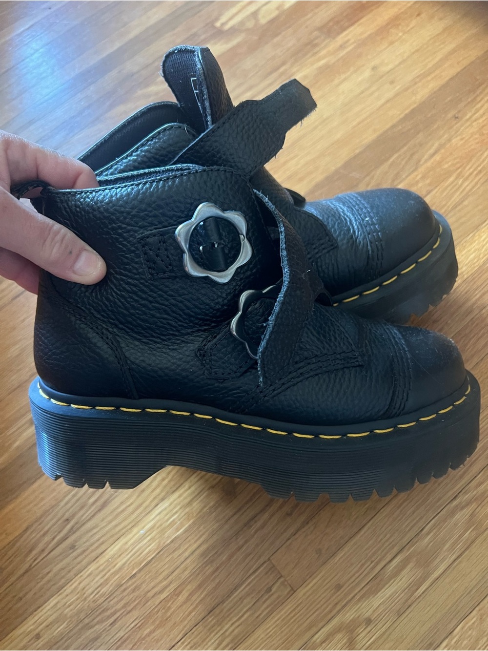 Dr. Martens Black Leather Boots with Flower Buckles